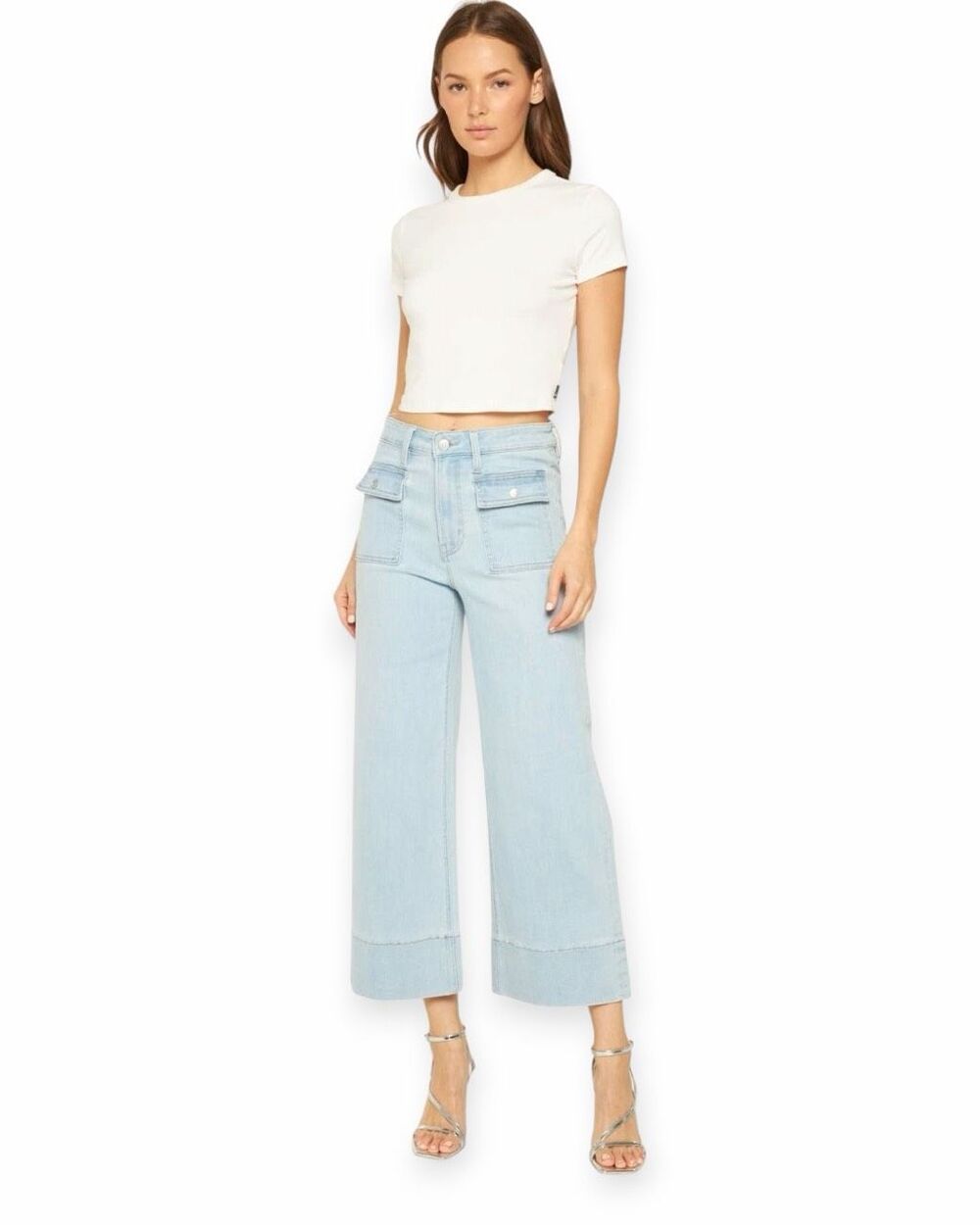 MICA DENIM High Rise Cropped Wide Leg Patch Pocket Jeans Light Blue Size 27